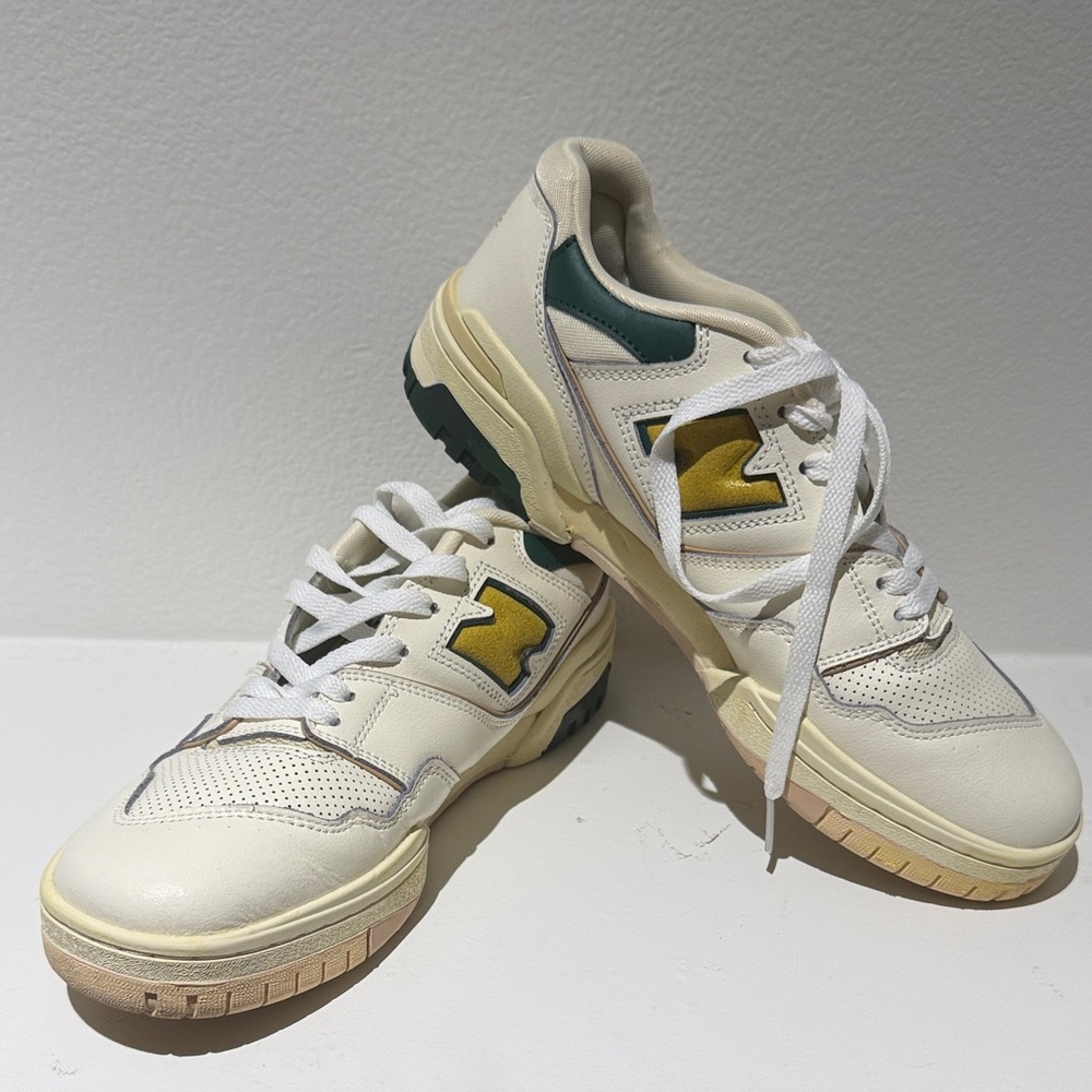 New Balance Stylish Cream and Green Men's Sneakers, Size 9